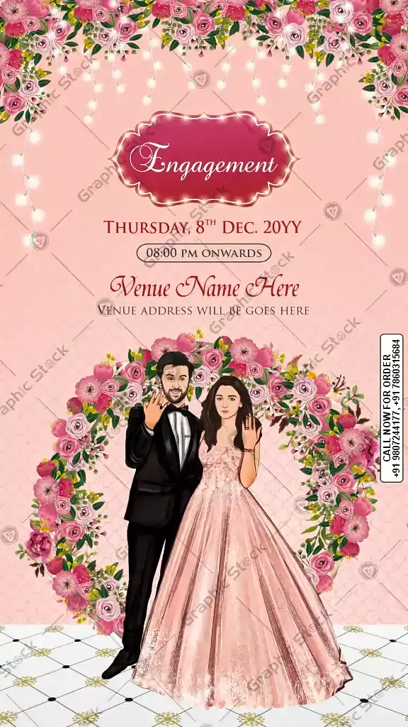 Pink Floral Engagement Invitation Card with Couple Showing Rings and Fairy Lights