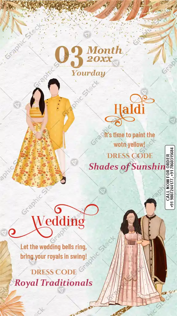 Haldi and Main Wedding Day Dress Code Planner with Royal Traditional Couple Illustrations