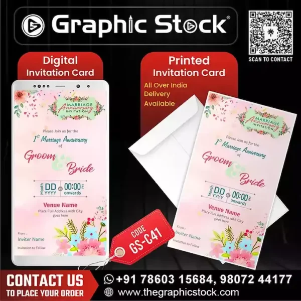 Pink Floral Marriage Anniversary Invitation Card – GS‑C41