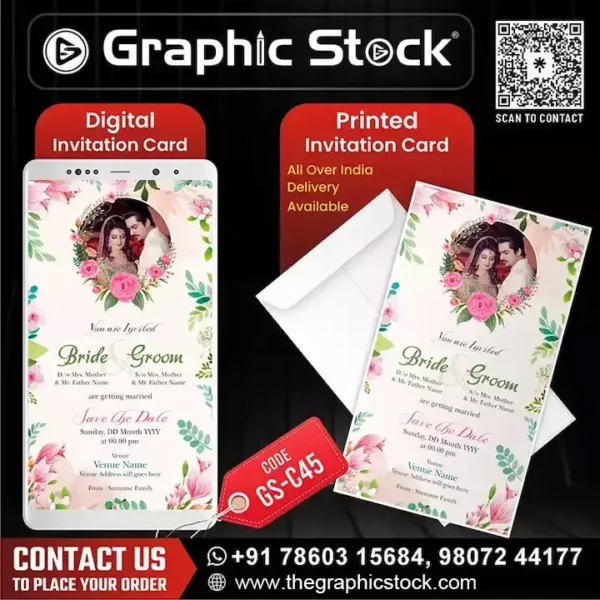 Pink Green Wedding Invitation with Couple Photo – GS‑C45