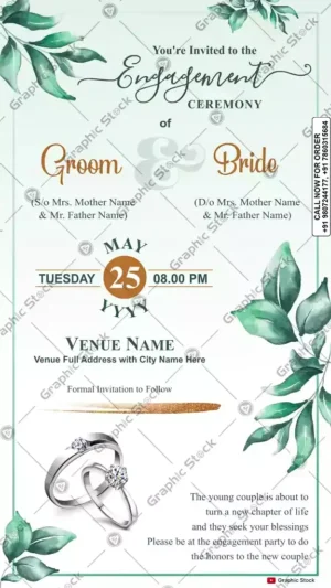 Green Leaf Engagement Ceremony Invitation Card – GS-C46, Engagement Invitation Digital eCard.