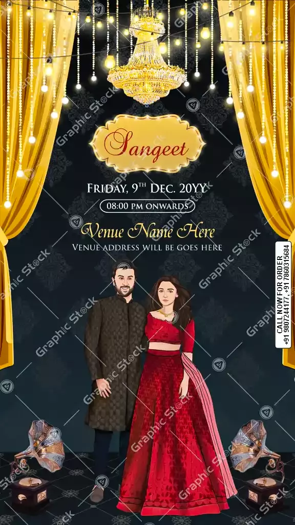 Navy Blue Sangeet Invitation with Fairy Lights and Dancing Couple Illustration