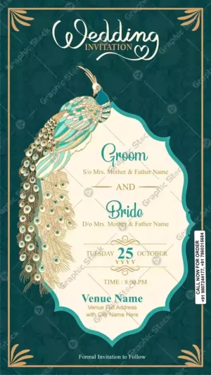 Custom Peacock Wedding Invitation Card – Digital & Printable Invitation for Groom and Bride (Elegant Luxury Green Theme)
