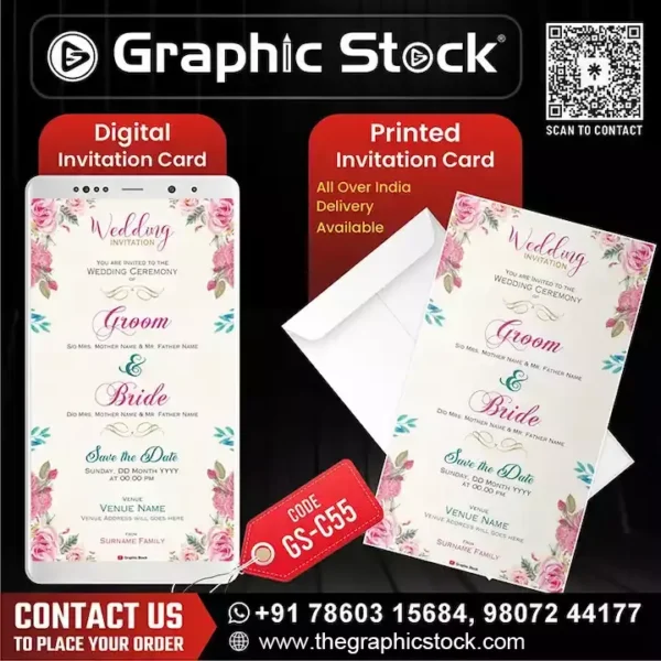 Pink Floral Border Wedding Invitation Card – GS-C55