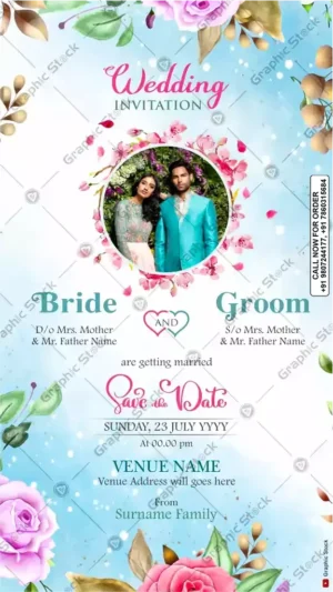 Blue Floral Photo Wedding Invitation Card – GS-C57