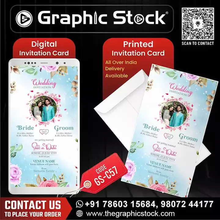 Blue Floral Photo Wedding Invitation Card – GS-C57