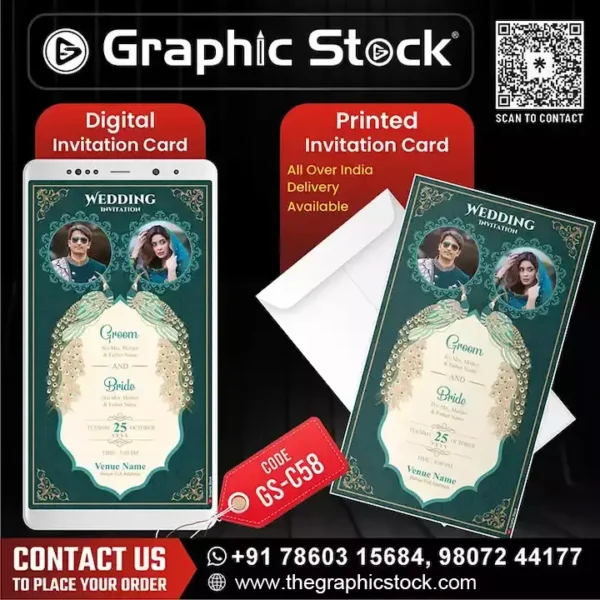 Luxurious Peacock Green Photo Wedding Invitation with Bride & Groom Photos – GS-C58