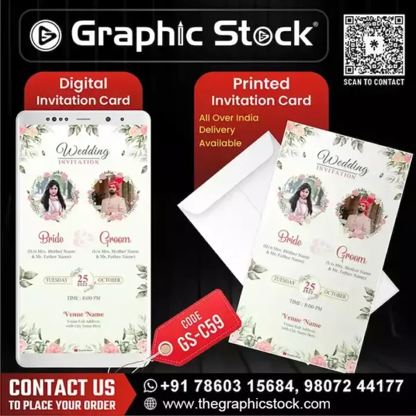 Elegant Floral Photo Wedding Invitation with Bride & Groom Photos – GS-C59