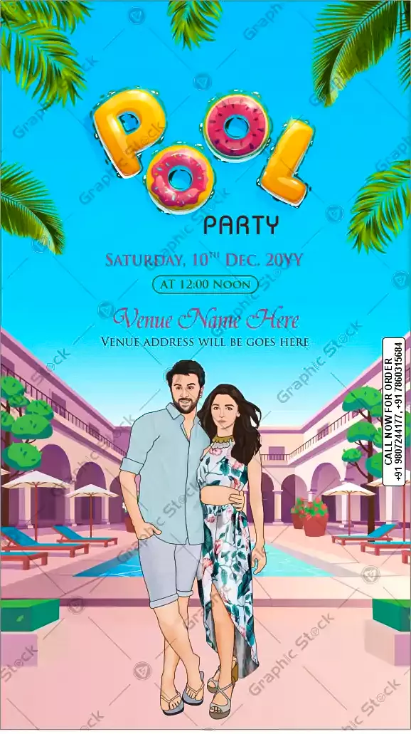 Vibrant Pool Party Wedding Invitation with Couple Illustration and Inflatable Donuts