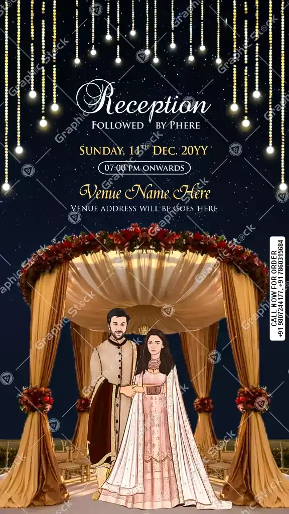 Navy Blue Reception and Phere Invitation with Starry Night Theme and Royal Mandap