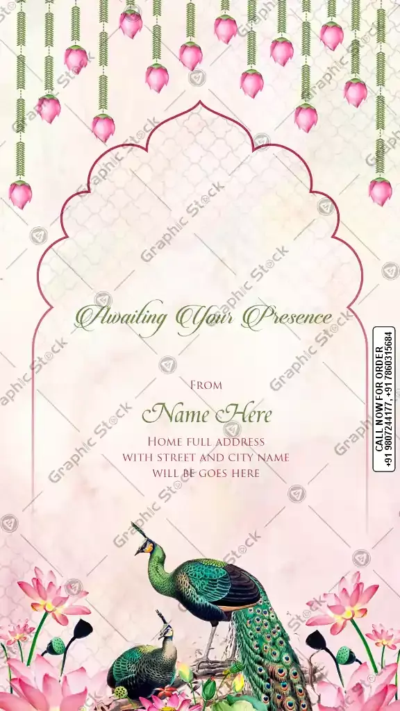 Royal Beige Hindu Wedding Invitation with Majestic Peacocks, Pink Lotus, and Hanging Rose Buds