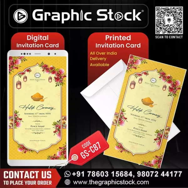 Vibrant Yellow Floral Haldi Ceremony Invitation Card – GS-C87