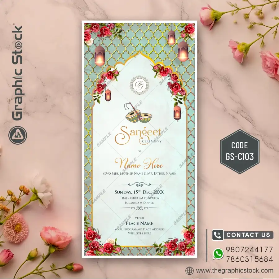 Sangeet Ceremony Invitation Card with Floral Lantern Theme – Code GS-C103