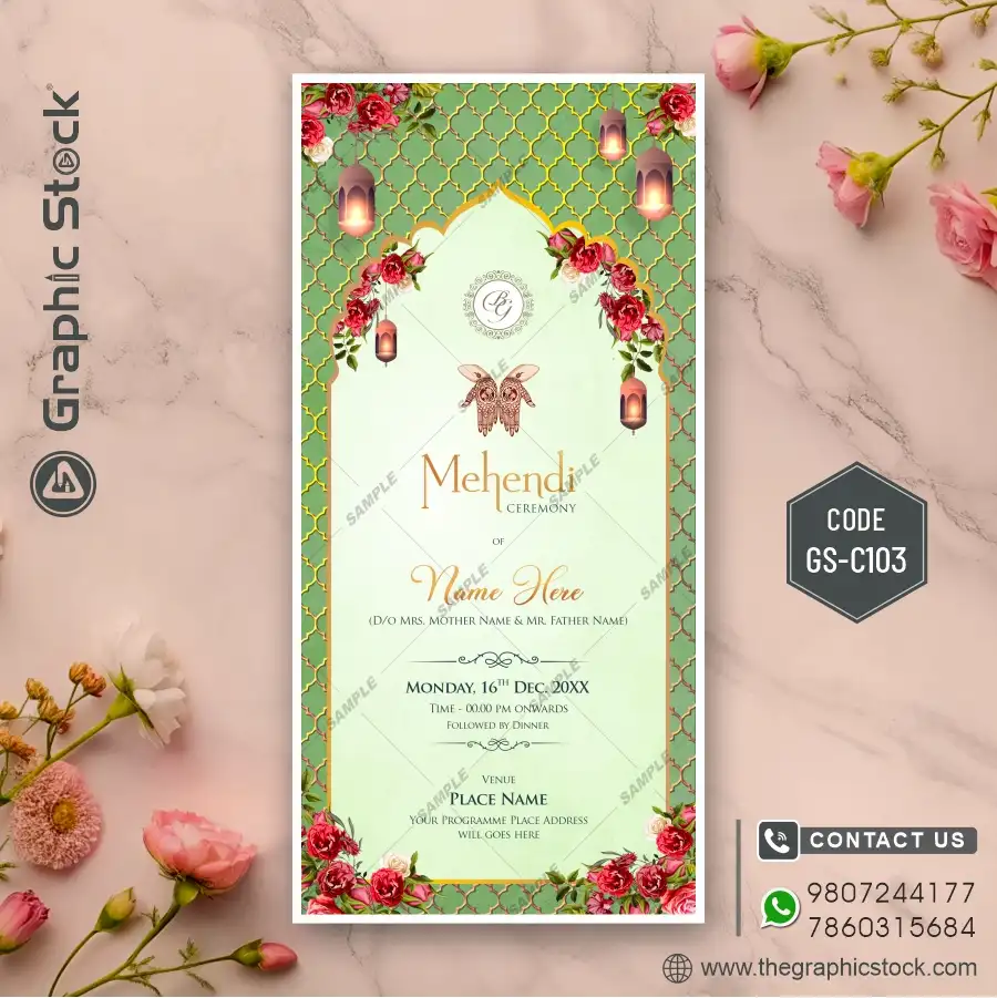 Green Mehndi Ceremony Invitation Card with Floral Border – Code GS-C103