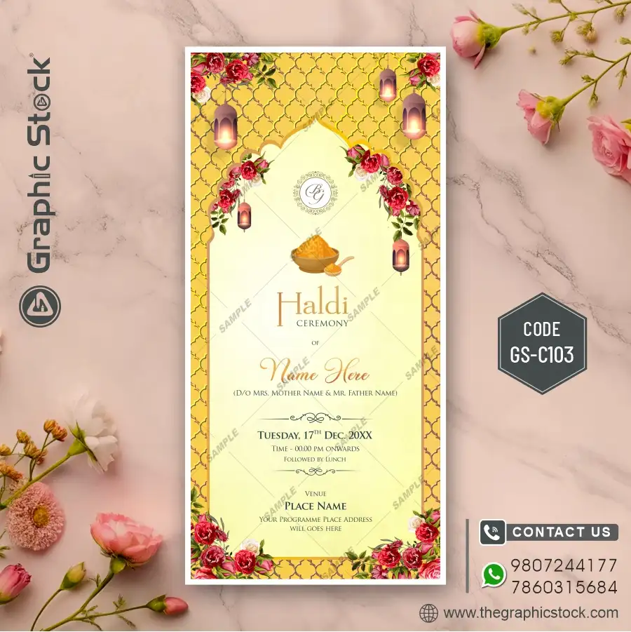 Yellow Haldi Ceremony Invitation Insert Card with Decorative Elements – Code GS-C103