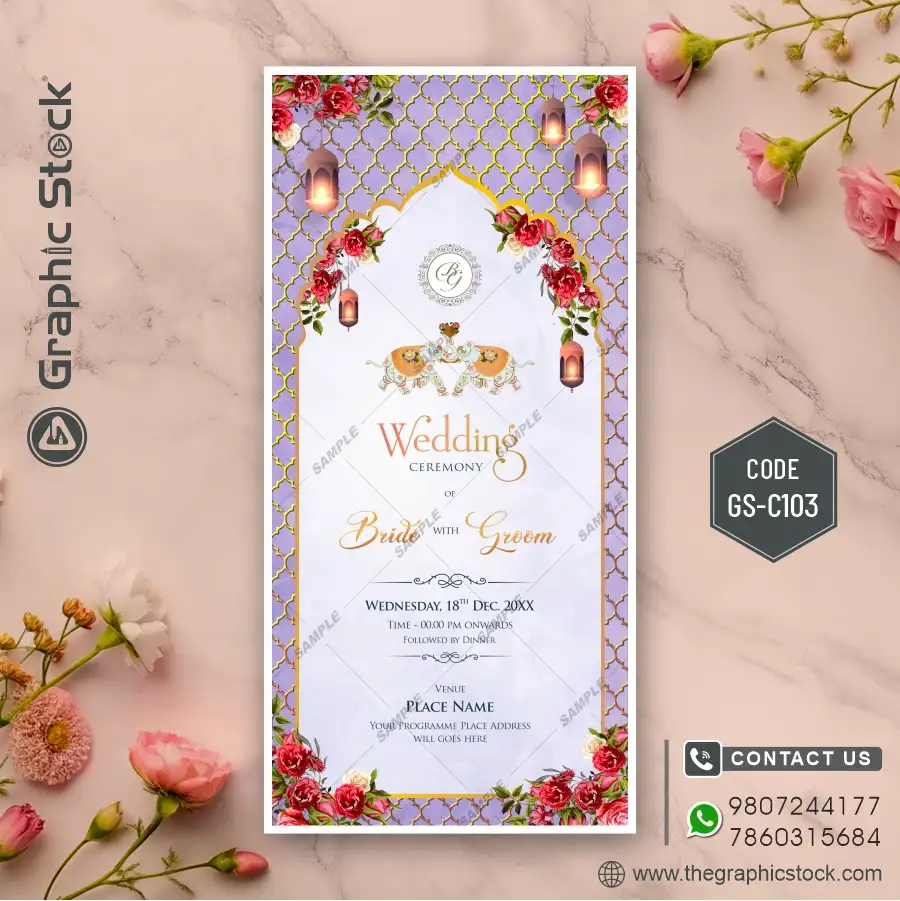 Luxury Wedding Ceremony Invitation Card Design with Elegant Floral and Lanterns – Code GS-C103