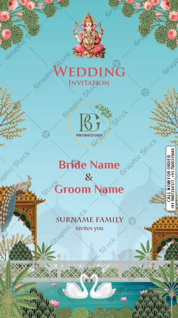 Royal Hindu Wedding Invitation Card Design with Lord Ganesha and Swan Pond Illustration