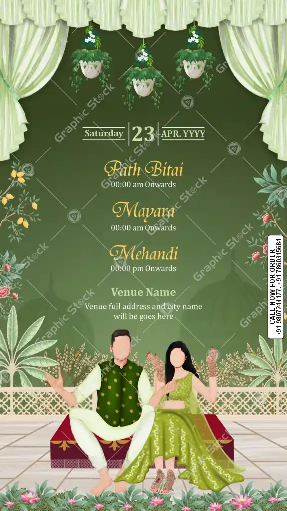 Green Theme Mehandi and Mayara Ceremony Invitation Card with Couple Illustration