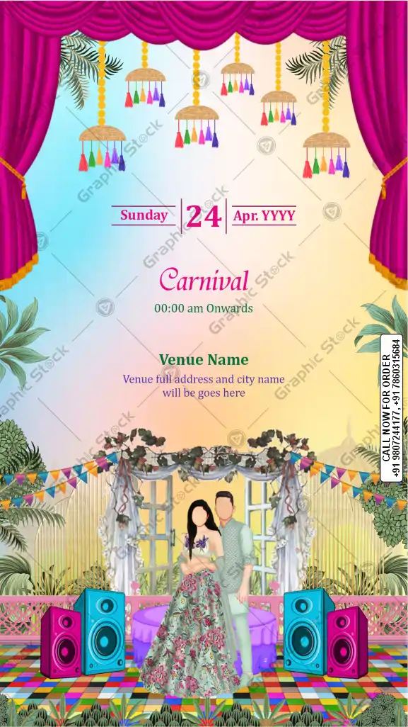 Vibrant Wedding Carnival Invitation Card with Couple, DJ Speakers, and Colorful Decor
