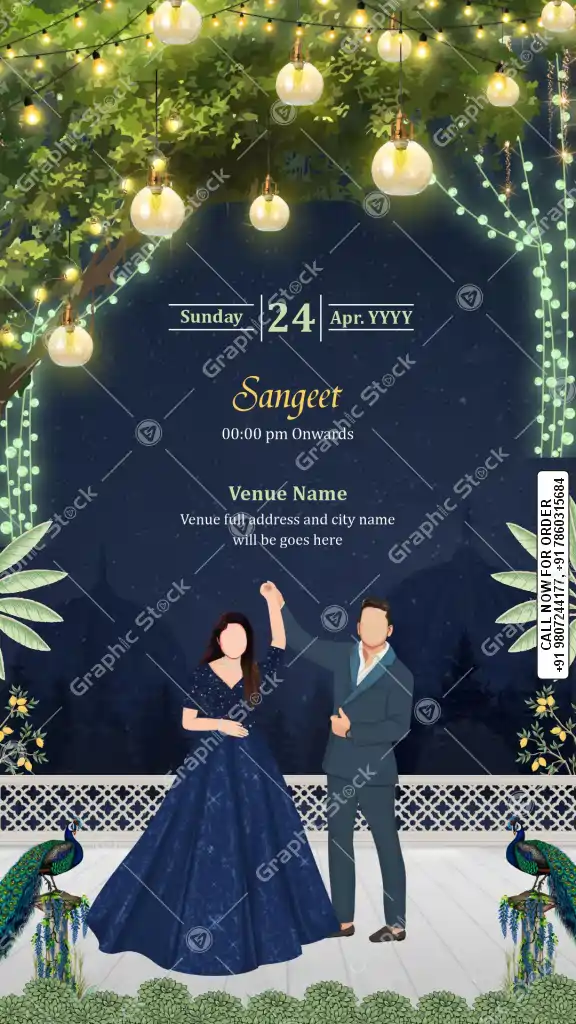 Royal Sangeet Night Invitation Card with Dancing Couple and Fairy Lights Decoration
