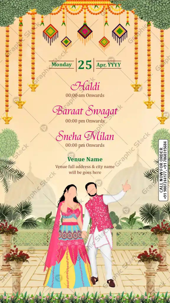 Yellow Haldi and Baraat Swagat Invitation Card with Traditional Genda Phool Decor and Couple Illustration