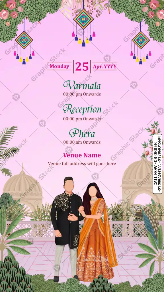 Pink Theme Wedding Reception and Phera Invitation Card with Royal Couple Illustration