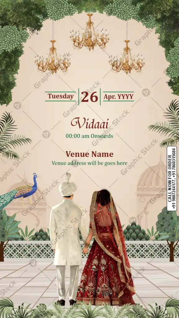 Royal Vidaai Ceremony Invitation Card with Couple Illustration and Chandelier Decor
