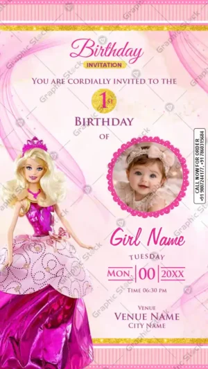Barbie Theme Girl 1st Birthday Invitation Card GS-C240 by Graphic Stock
