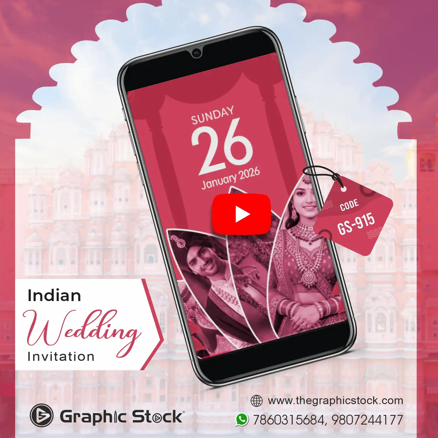 Royal Pink Rajasthani Theme Wedding Invitation Video Card GS-915